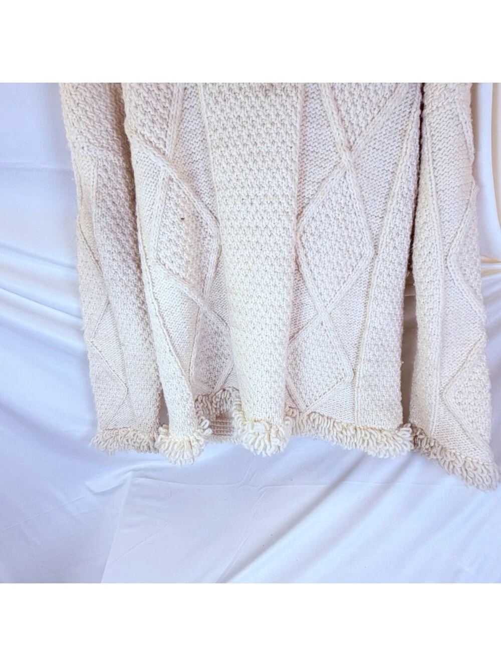 World Of Wool Vintage Cableknit Fisherman Sweater Ivory Heavy Full Zip XL